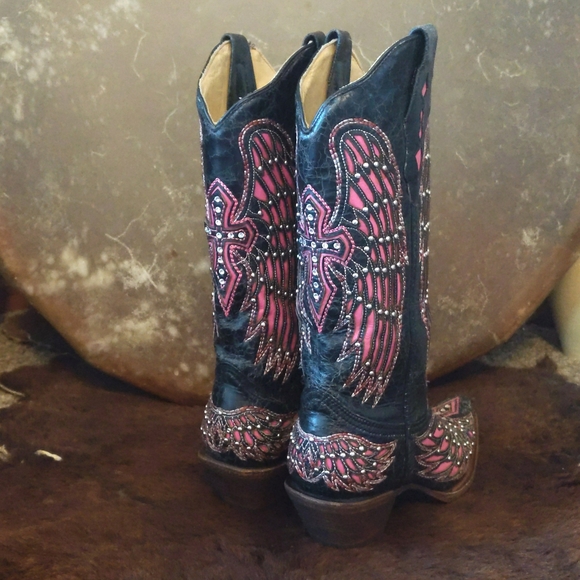 CORRAL A1049 pink/black Wing & cross snip toe blingy cowgirl western boots sz 6 - Picture 8 of 16
